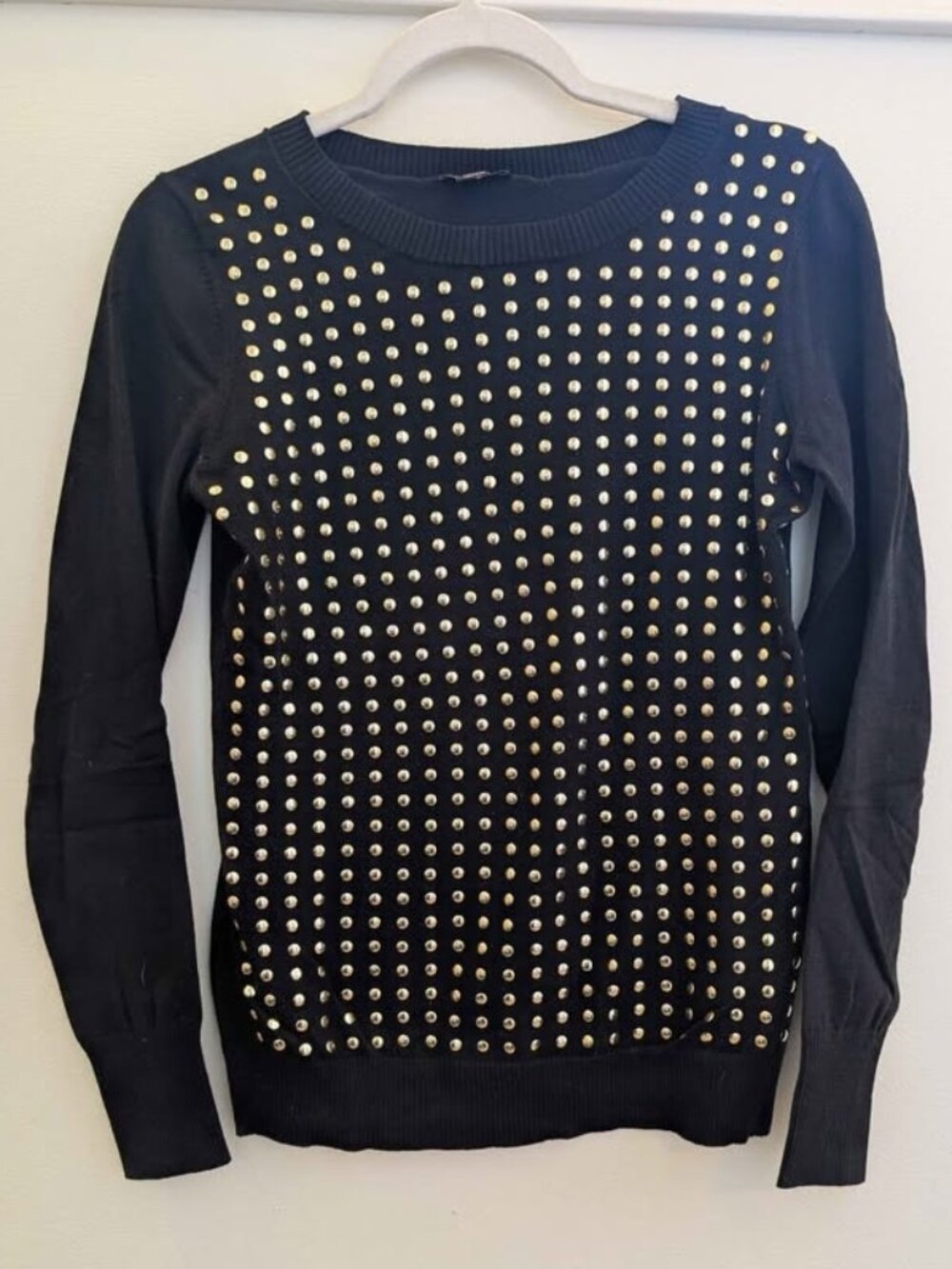 Express Black Crew Neck Gold Studded Knit Sweater, Small